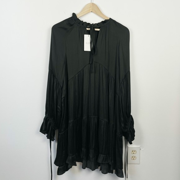 Anthropologie OPT Black Silky Long Sleeve Tiered Dress - Picture 1 of 5